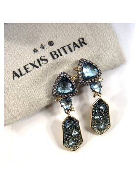 Alexis Bittar Blue Crystal Rhodium Plated Shield Drop CLIP ON Earrings NWT RARE!